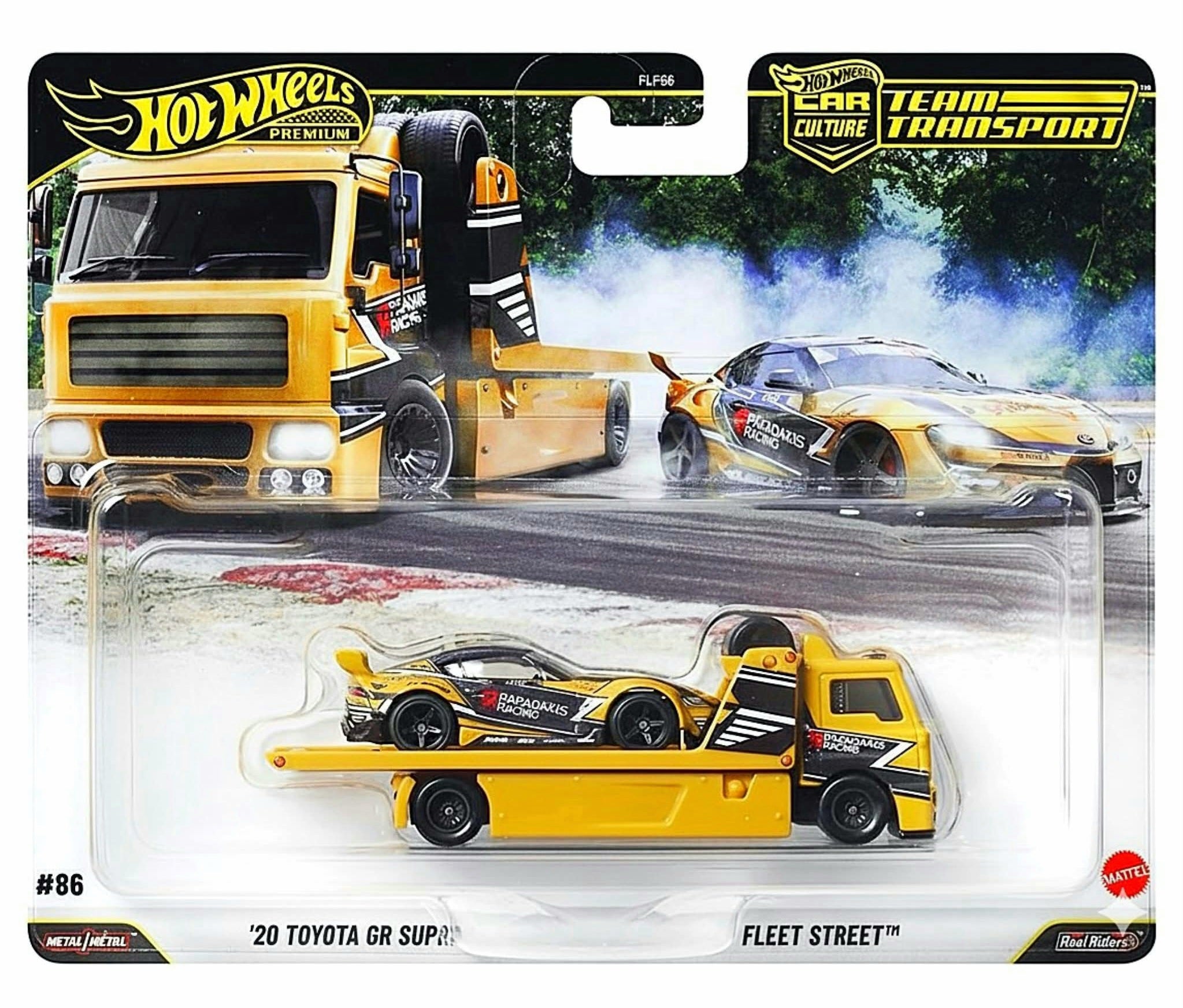 Hot Wheels Premium Team Transport set, 20 Toyota GR Supra and matching Fleet Street transporter truck